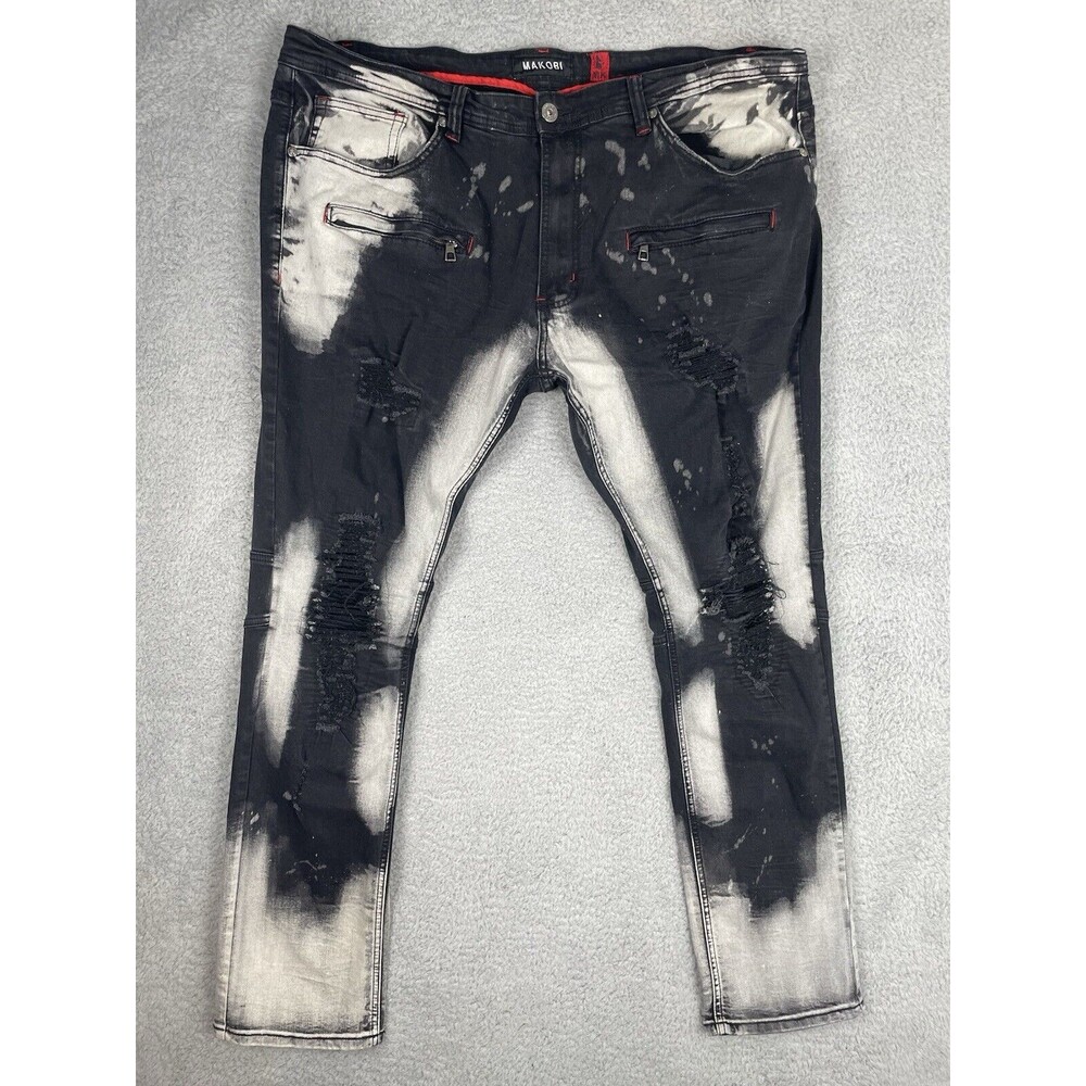 Makobi Jeans Mens 44x34 Black Ashton Distressed Shredded Denim Streetwear LA Y2K